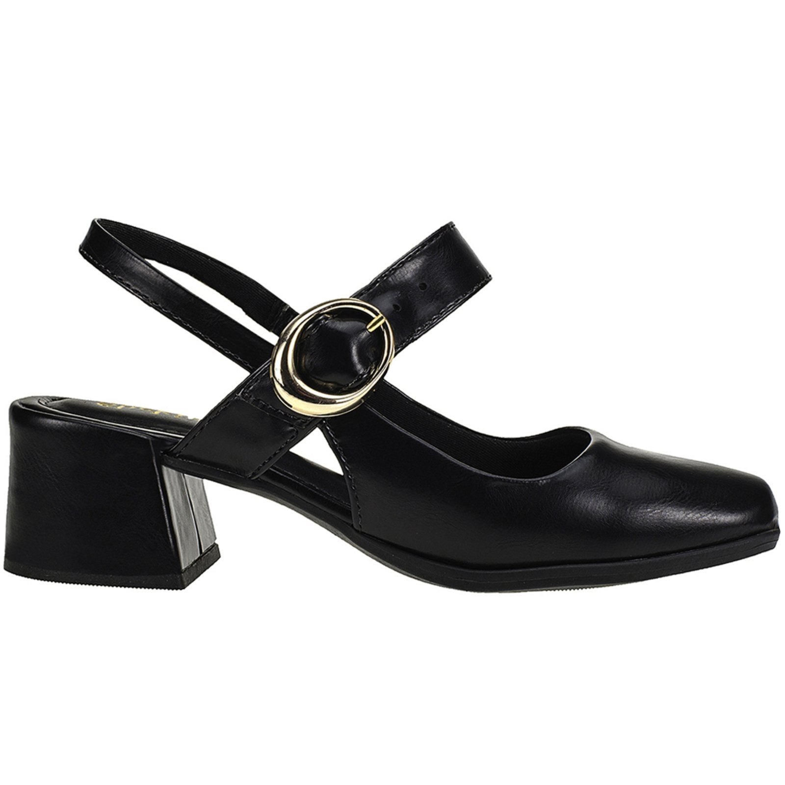 Scarpin Bico Quadrado Salto Baixo Mary Jane Boneca Shekinah Fivela Confortável Retrô Preto
