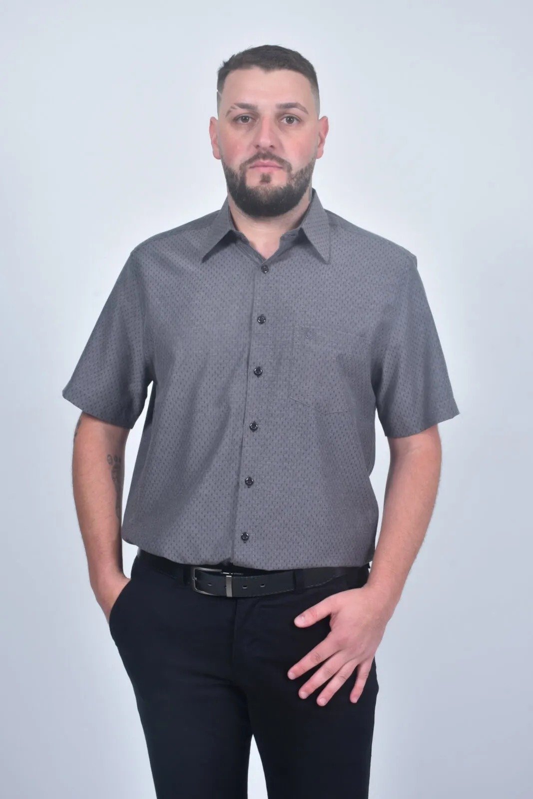Camisa Social Masculina Olimpo Maquinetada Manga Curta Cinza