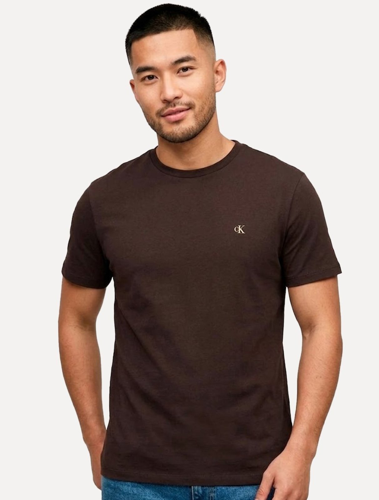 Camiseta Calvin Klein Jeans Masculina Meia Malha Logo Flow Marrom Escuro