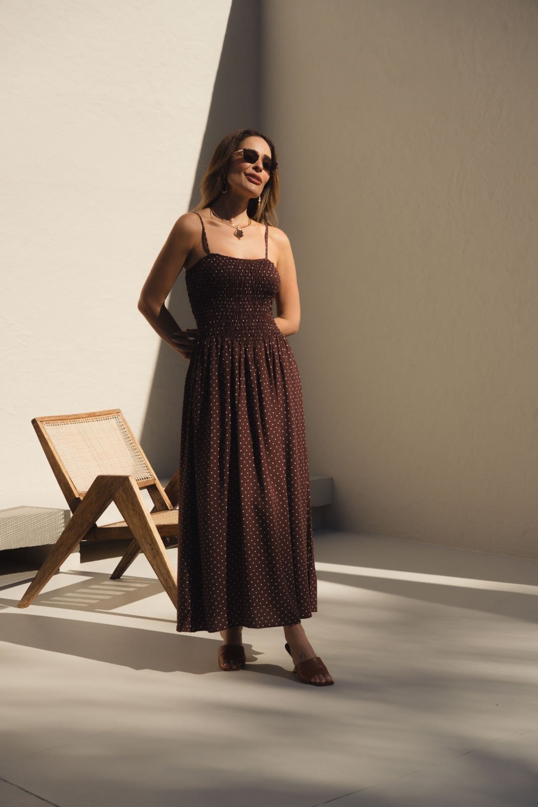 Vestido Cecília Midi Poá - Marrom
