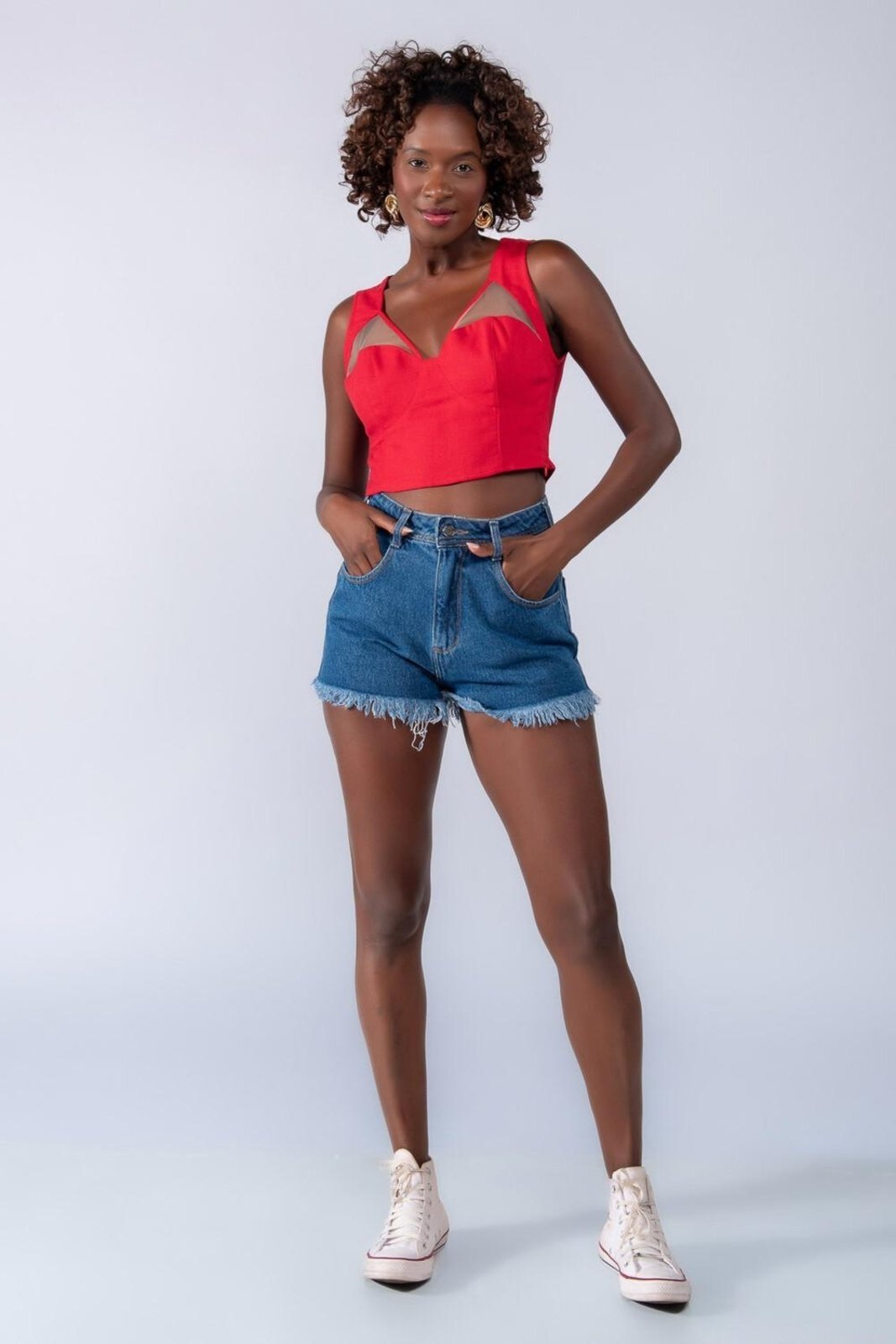Cropped em linho recorte em tule Vermelho