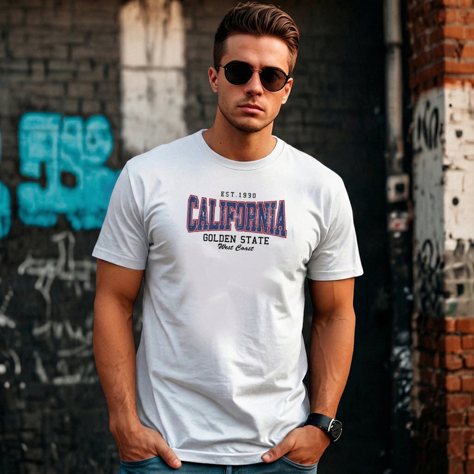 Camiseta Masculina Sartre Algodão Básica Branca Manga Curta Gola Redonda Estilo Versátil Conforto Macia Estampa State Califórnia