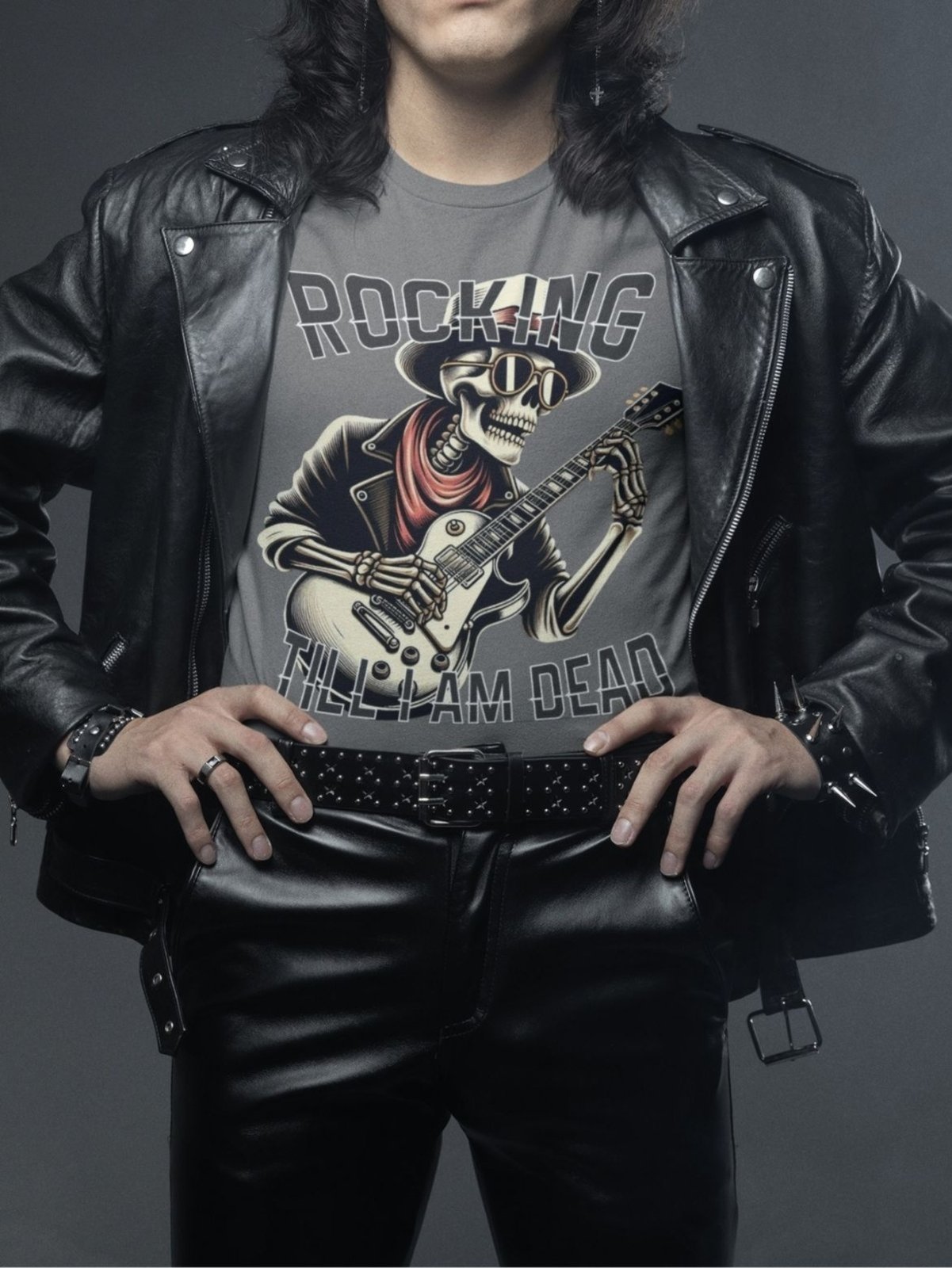 Camiseta Masculina GuGi Camisa De Rock Esqueleto Caveira Com Guitarra Chumbo