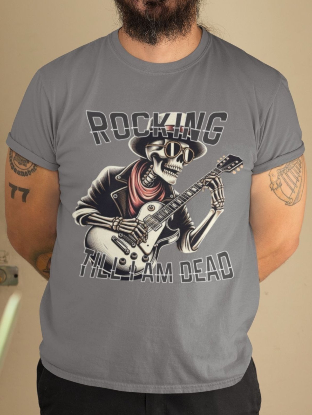 Vista 3 Camiseta Masculina GuGi Camisa De Rock Esqueleto Caveira Com Guitarra Chumbo preto Gugi preto