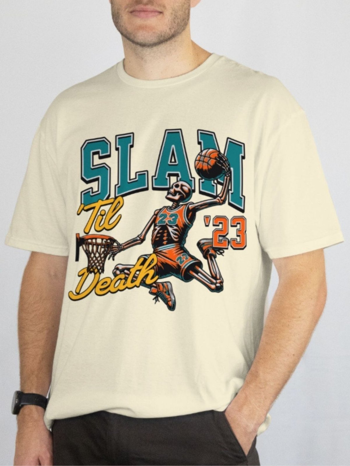 Camiseta Básica Masculina GuGi Basquete Esqueleto Enterrada Off White