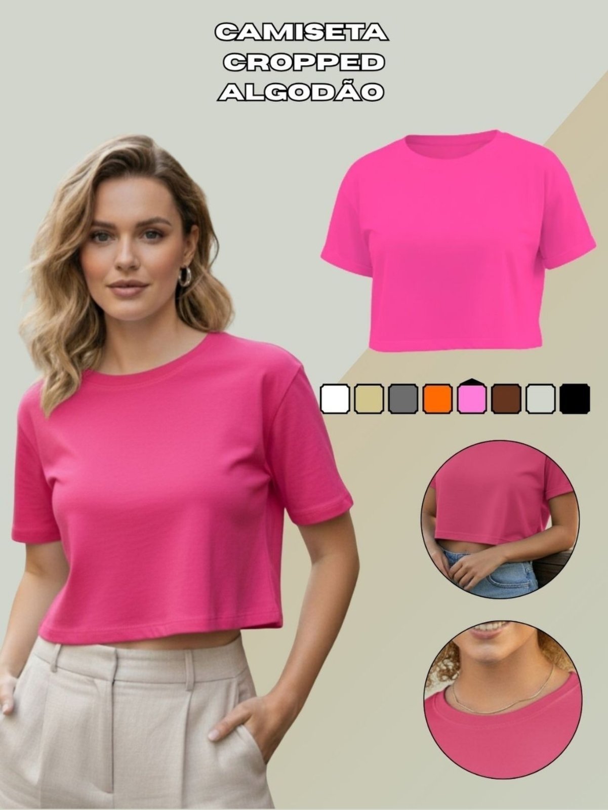 Camiseta Cropped Malha Premium Corte Moderno Rosa