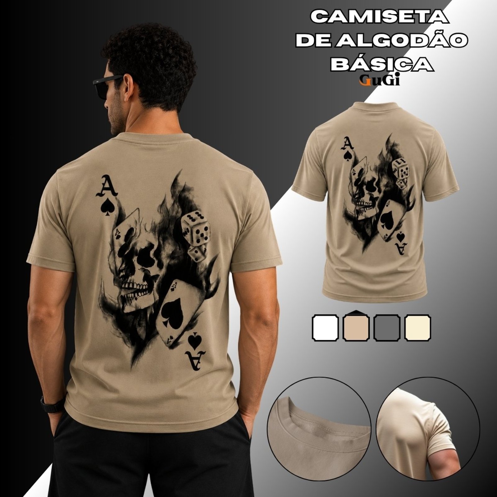 Camiseta Masculina Caveira Cartas 100% Algodão Caqui
