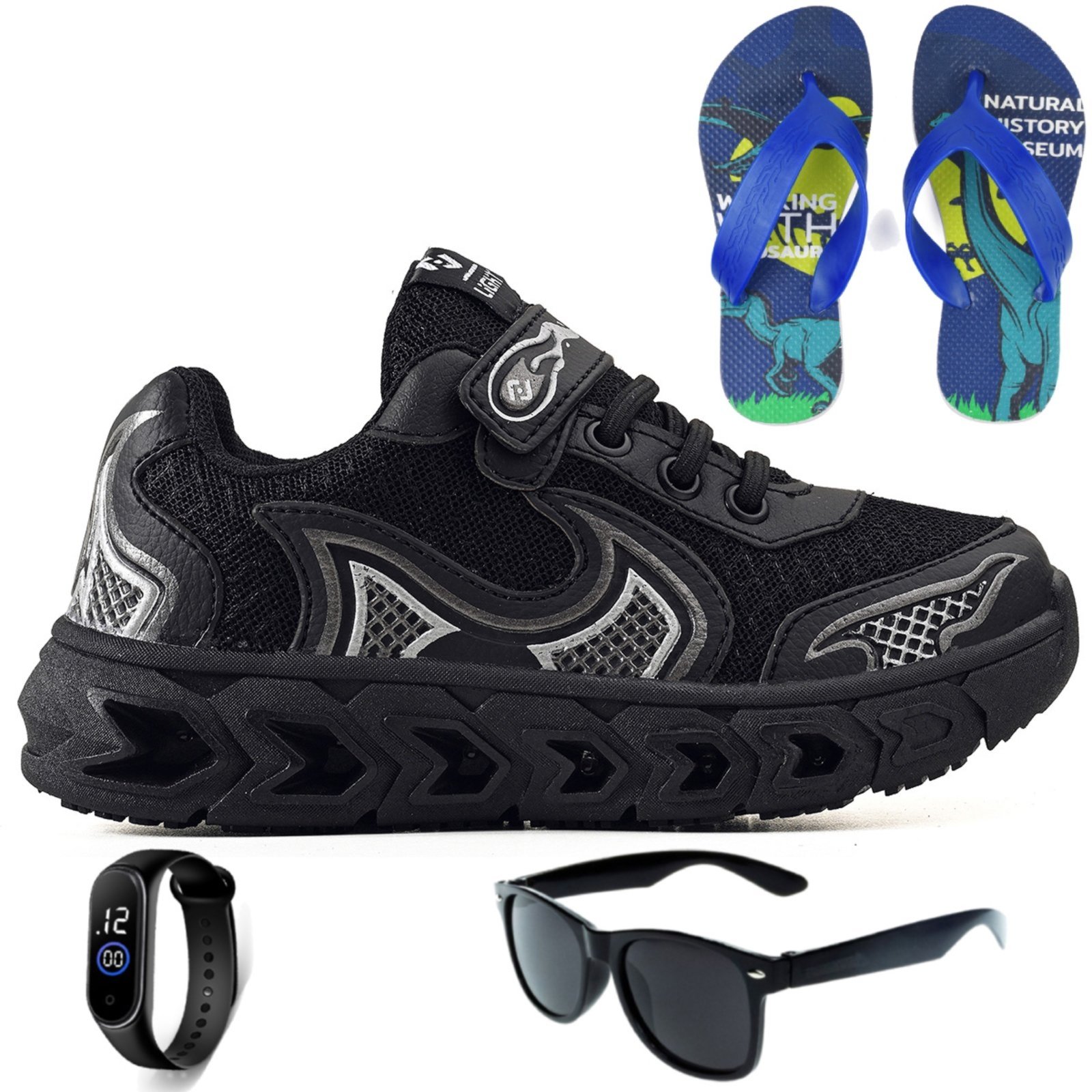 Infantil – Tenis Meninos Jogger Casual Escolar Macio Preto + Chinelo Oculos e Relogio