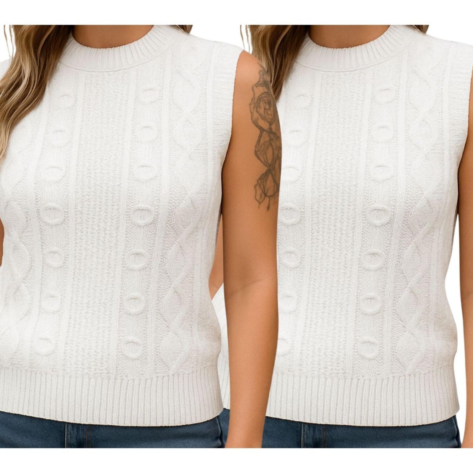 Kit 2 Blusas de Tricô Branca FMF Sem Manga Básica Casual Branco
