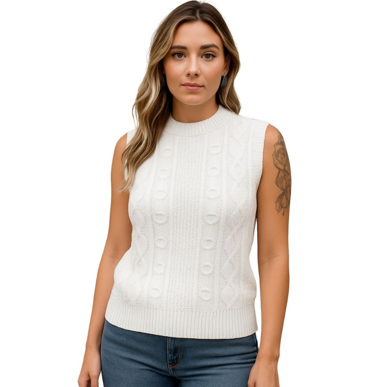 Vista 3 Kit 2 Blusas de Tricô Branca FMF Sem Manga Básica Casual branco FMF branco