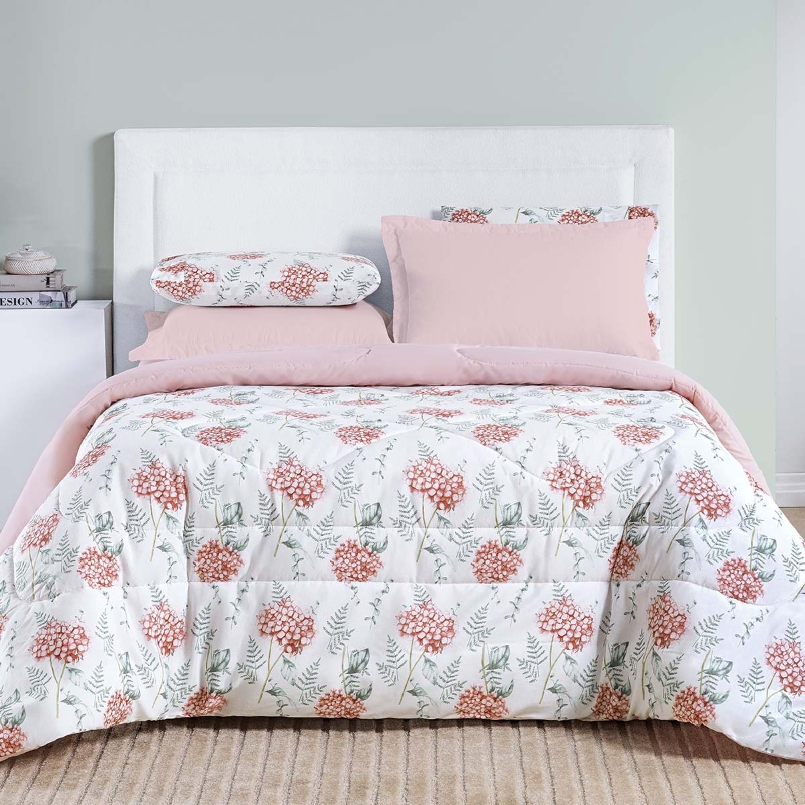 Edredom Cobertor Casa Scarpa Maris Super King Percalle 200 Fios Estampado Floral Hortênsia Salmão
