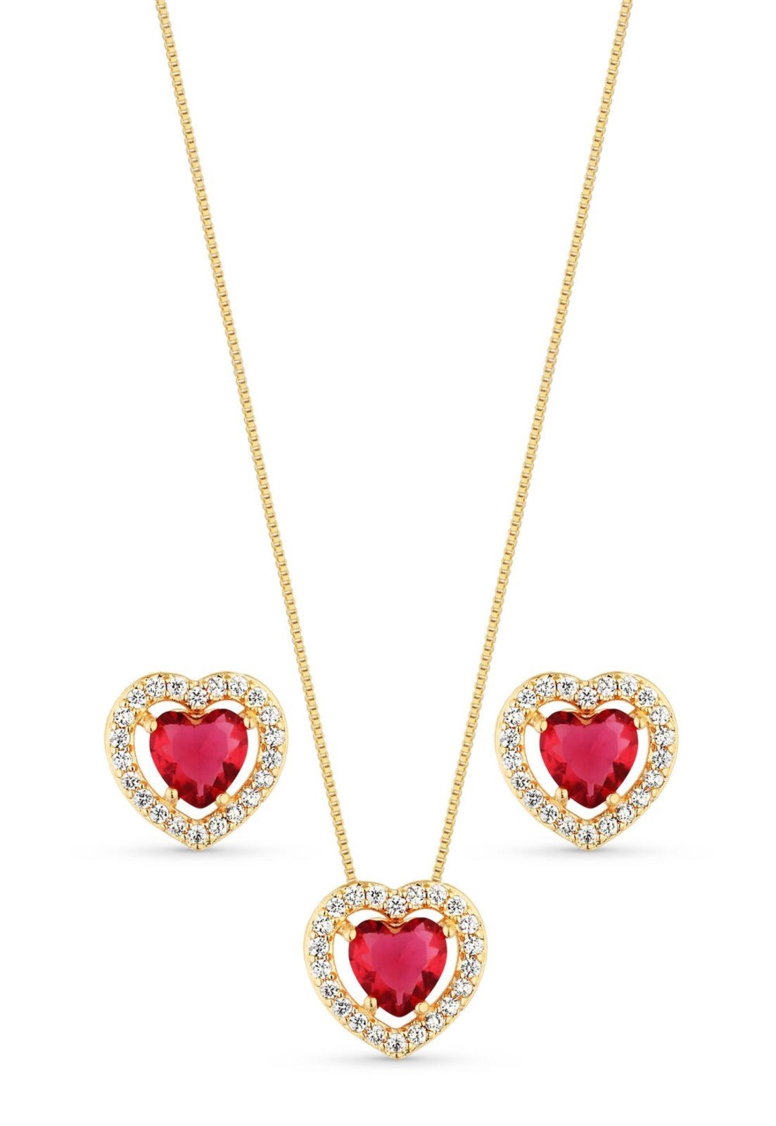 Conjunto Semijoia Colar E Brinco Coração Fúcsia E Micro Zircônias Banhado A Ouro 18K Cj008-003 Dourado