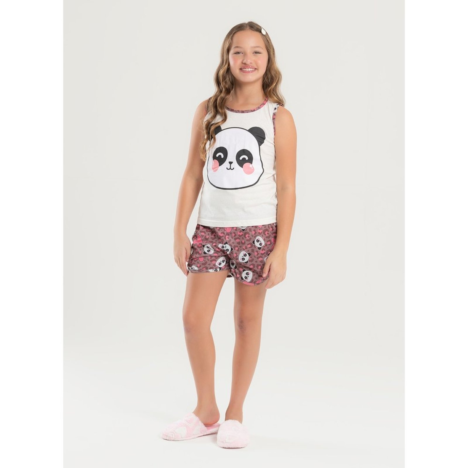 Pijama Verão Menina Natural Regata e Shorts Panda