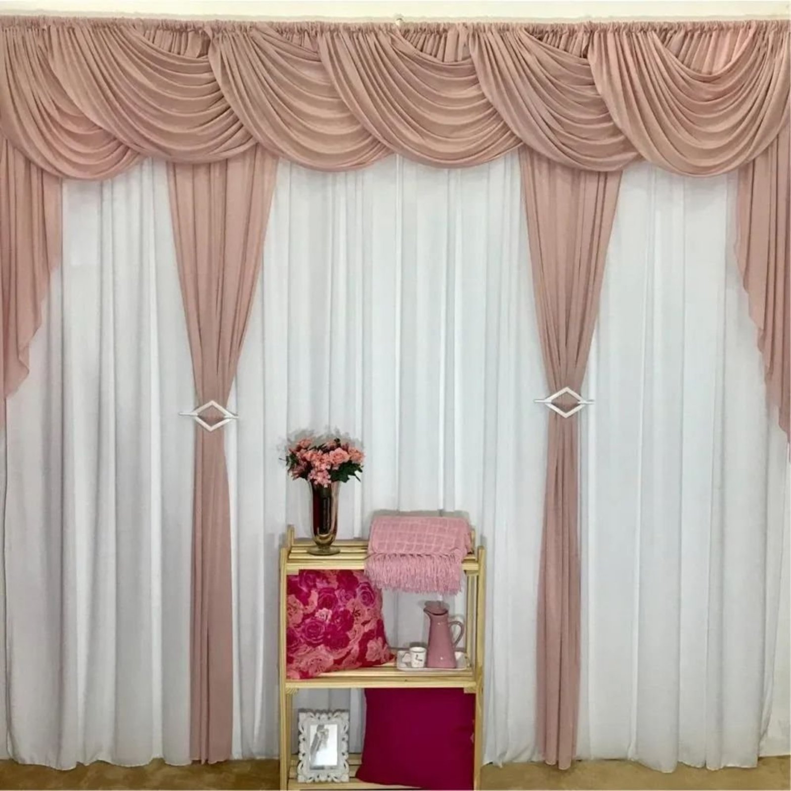 Cortina Sedução para Varão em Malha 3,00m x 2,60m Sala Quarto - Rosê - 100% Poliéster