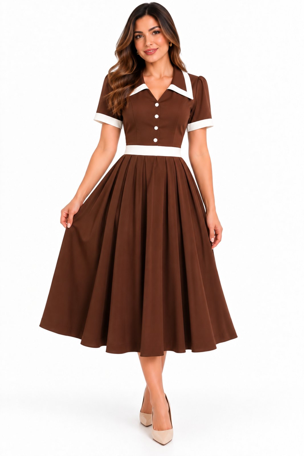 Vestido Midi Evasê D Bell Outlet Fashion Botões e Gola Clássica Marrom