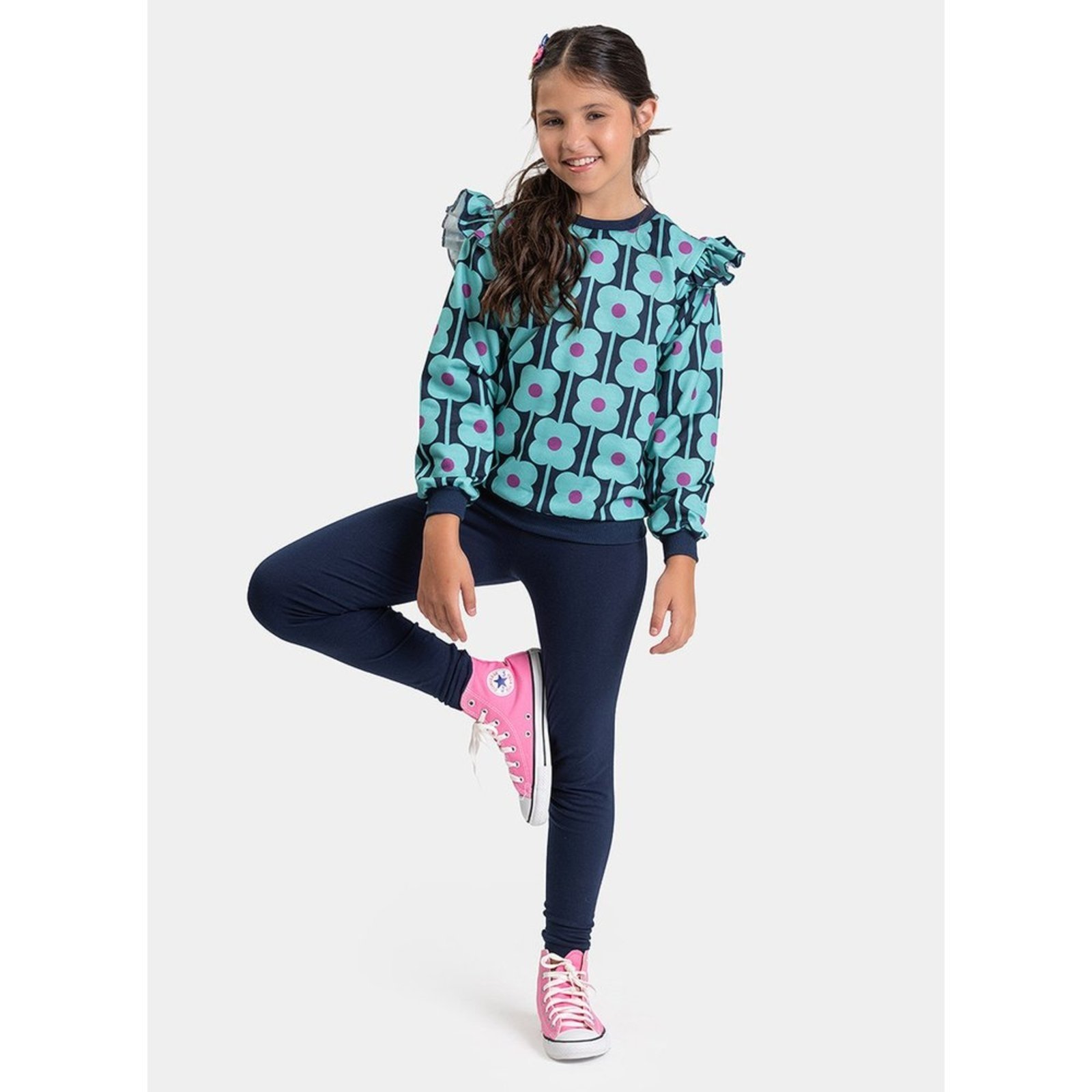 Infantil - Conjunto Inverno Menina Marinho Blusão com Babado e Legging em Cotton Flores