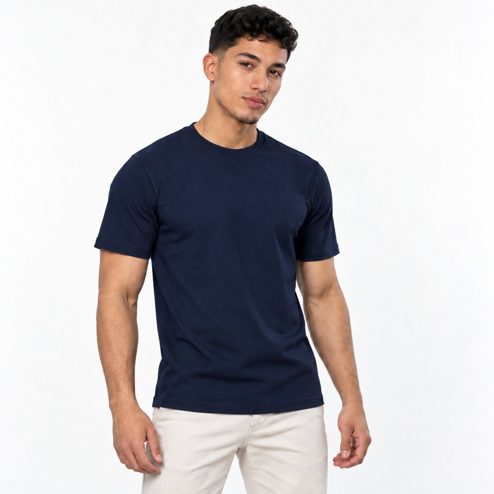 Camiseta Masculina Básica Lisa Manga Curta Algodão e Poliéster Slim Fitness - Azul Marinho