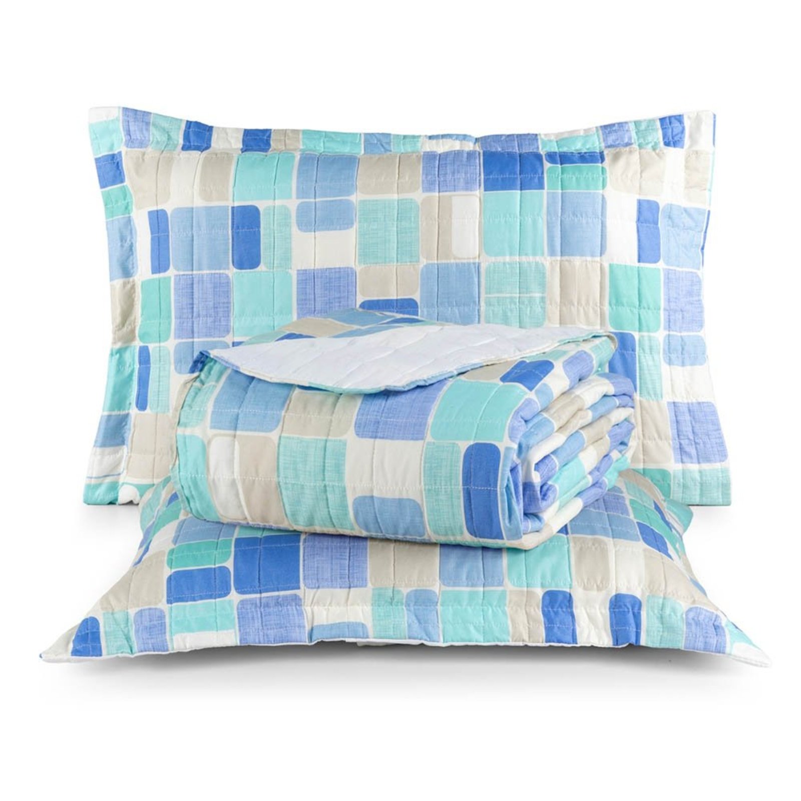 Kit Cobre Leito Karina Casal Micropercal 300 Fios Colcha Estampado 3 Peças Mosaico Azul