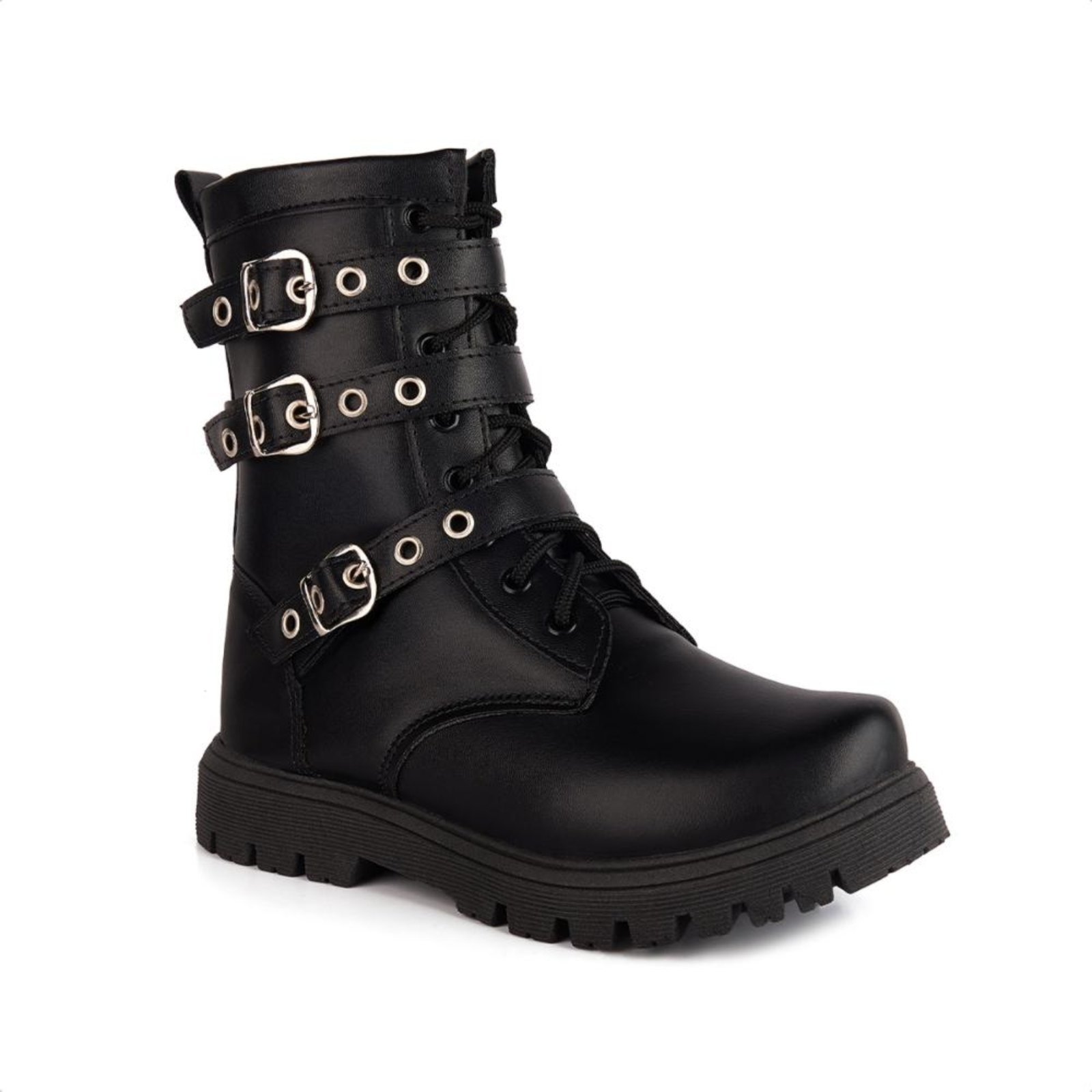 Infantil – Coturno Preto Cano Alto Fivelas Sola Tratorada Menina Fashion