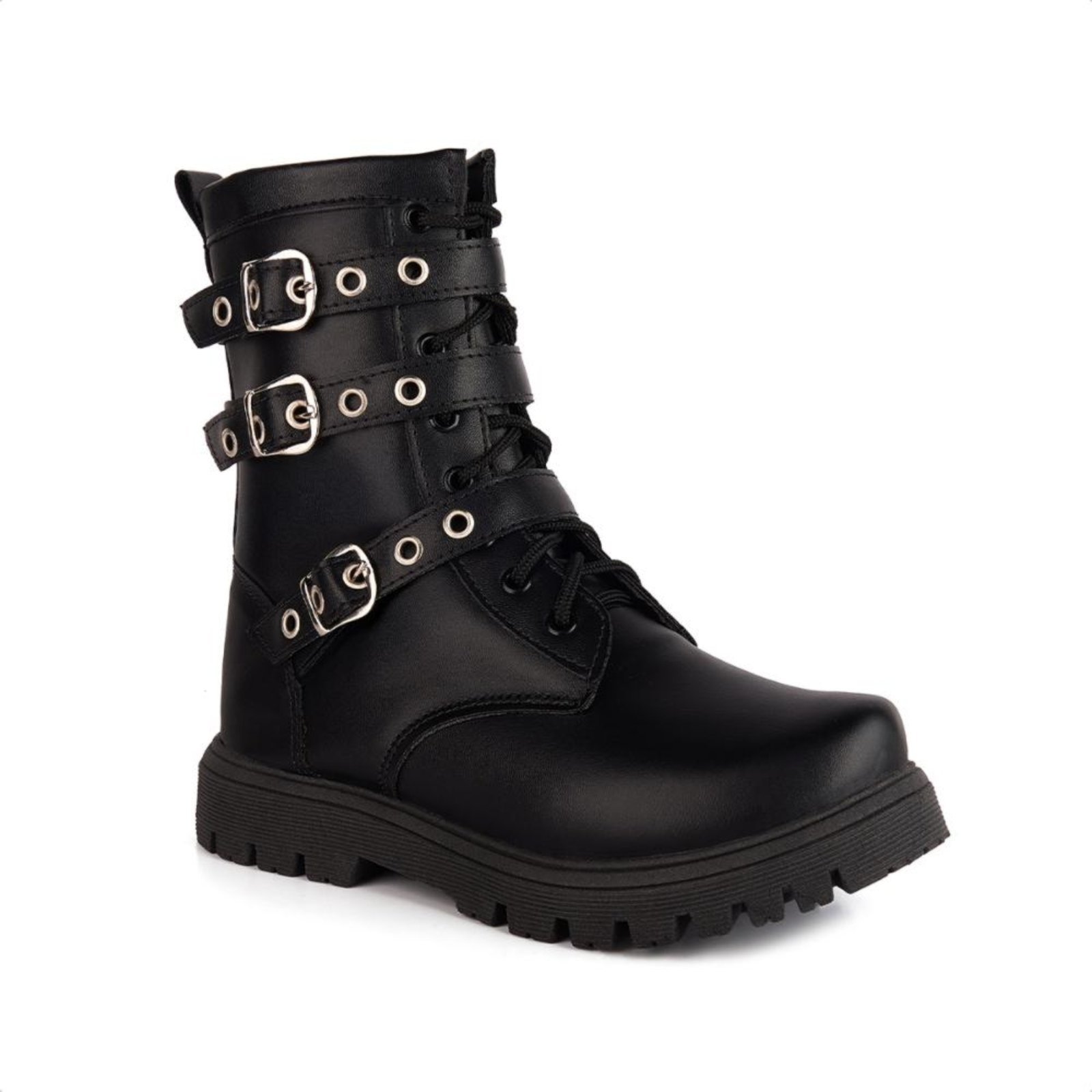 Vista 3 Infantil - Coturno Cano Alto Fivelas Sola Tratorada Menina Fashion preto Menina Fashion preto