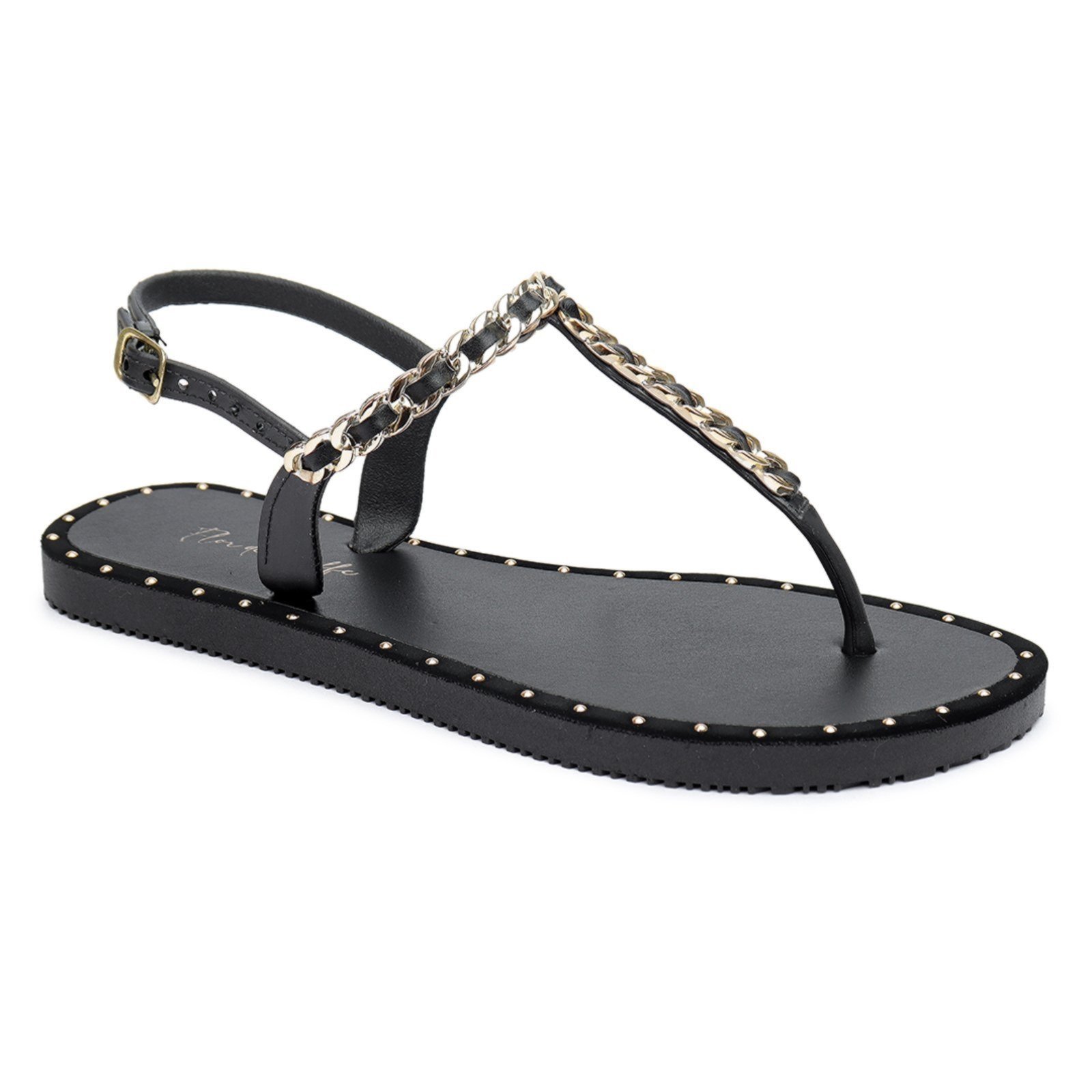 Chinelo Sandália Flor de Griffe Rasteirinha Corrente Preto