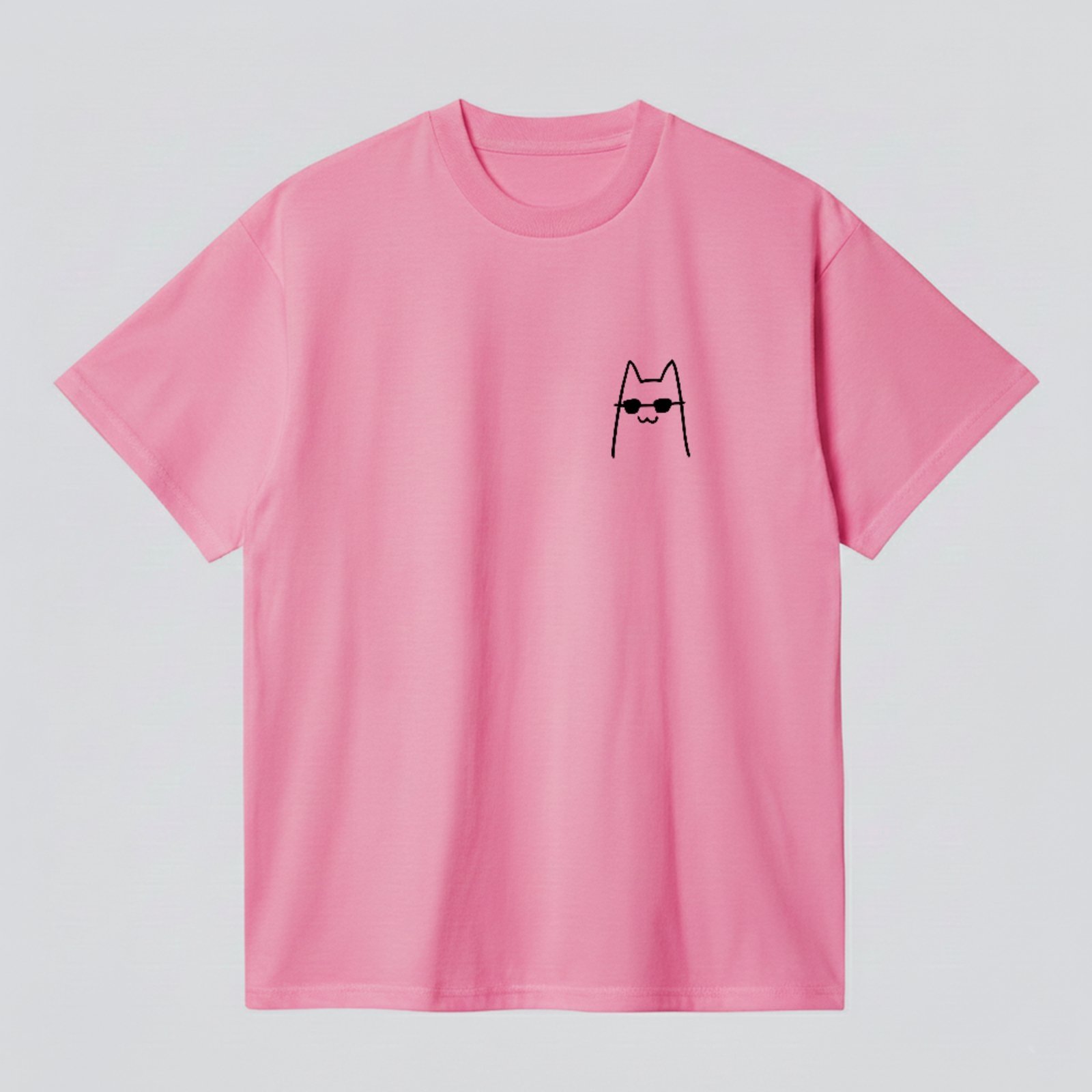 Camiseta Básica Gato Minimalista Óculos Estilo Clean Rosa
