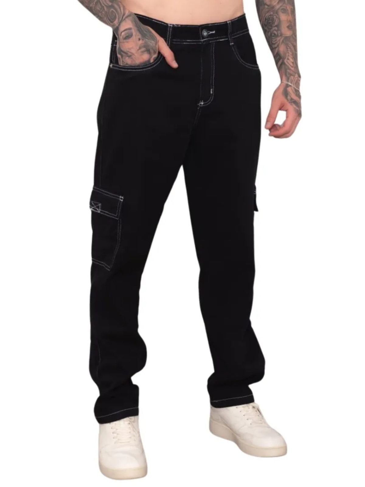 Vista 2 Calça Cargo Alleppo Jeans Masculina Preta de Sarja com Costura Branca preto Alleppo Jeans preto