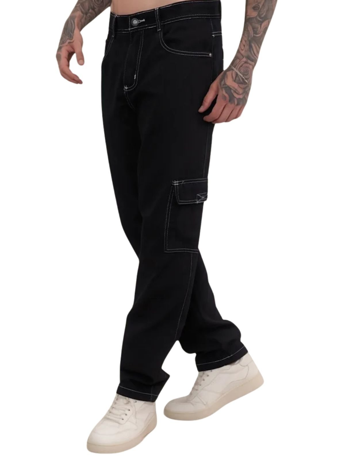 Vista 3 Calça Cargo Alleppo Jeans Masculina Preta de Sarja com Costura Branca preto Alleppo Jeans preto