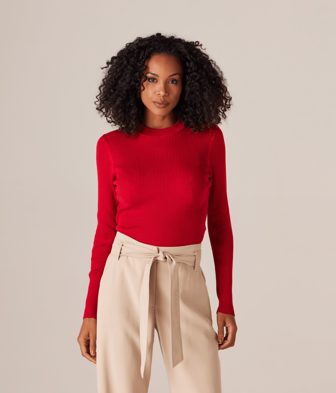 Blusa Tricot Manga Longa Gola Alta Lisa Feminino Vermelho