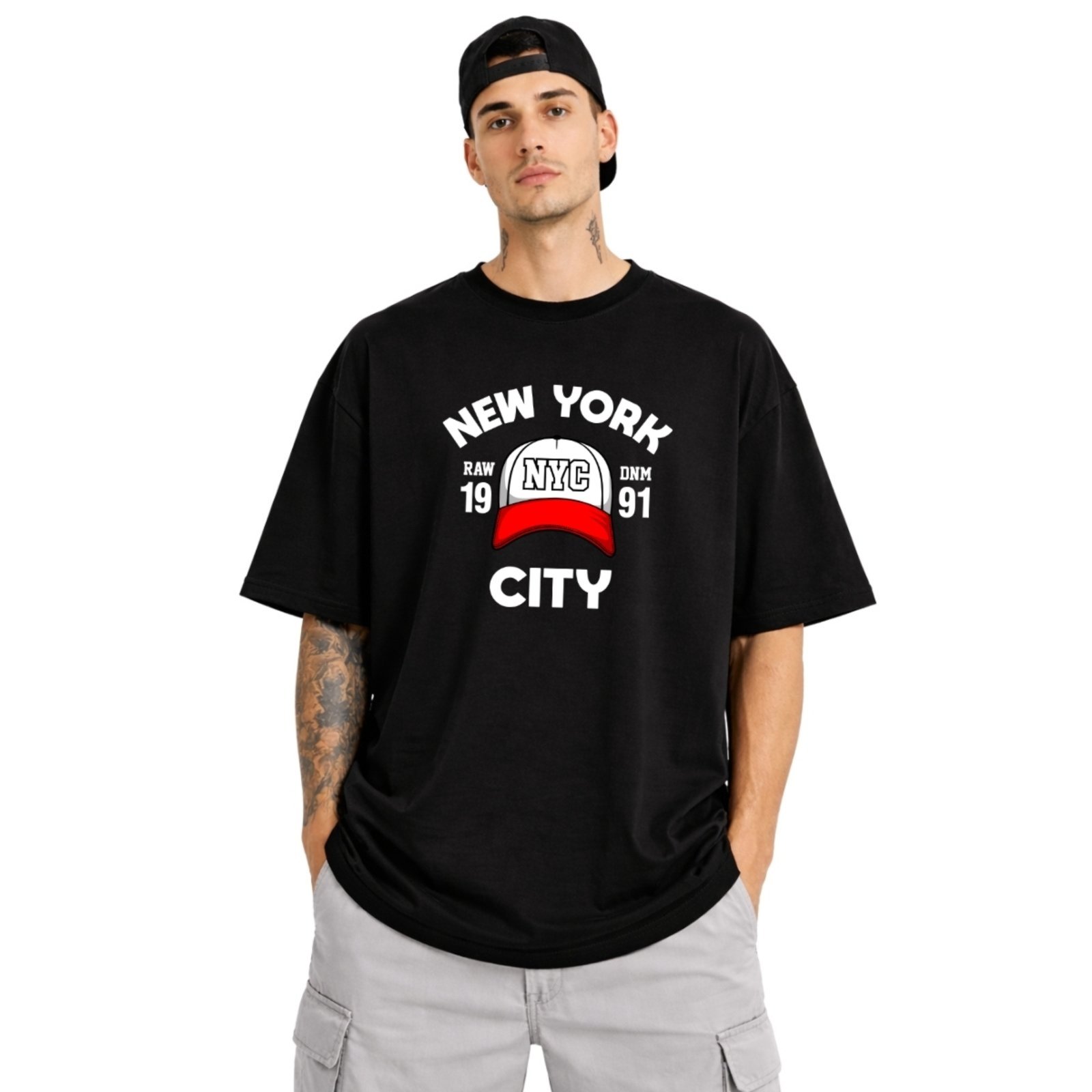 Camiseta Oversized de Algodão Masculina Ideal para Academia e Esportes Gola Redonda Estampado