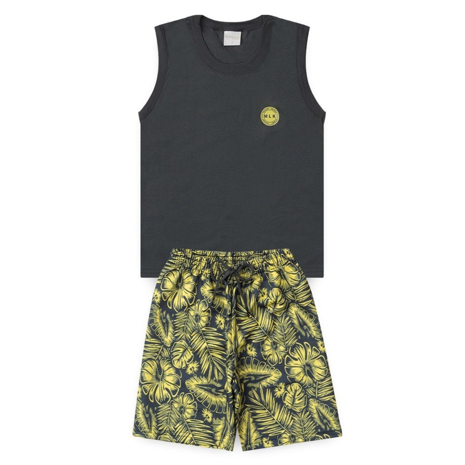 Infantil - Conjunto Verão Menino Cinza Regata e Bermuda com Cadarço Folhagens