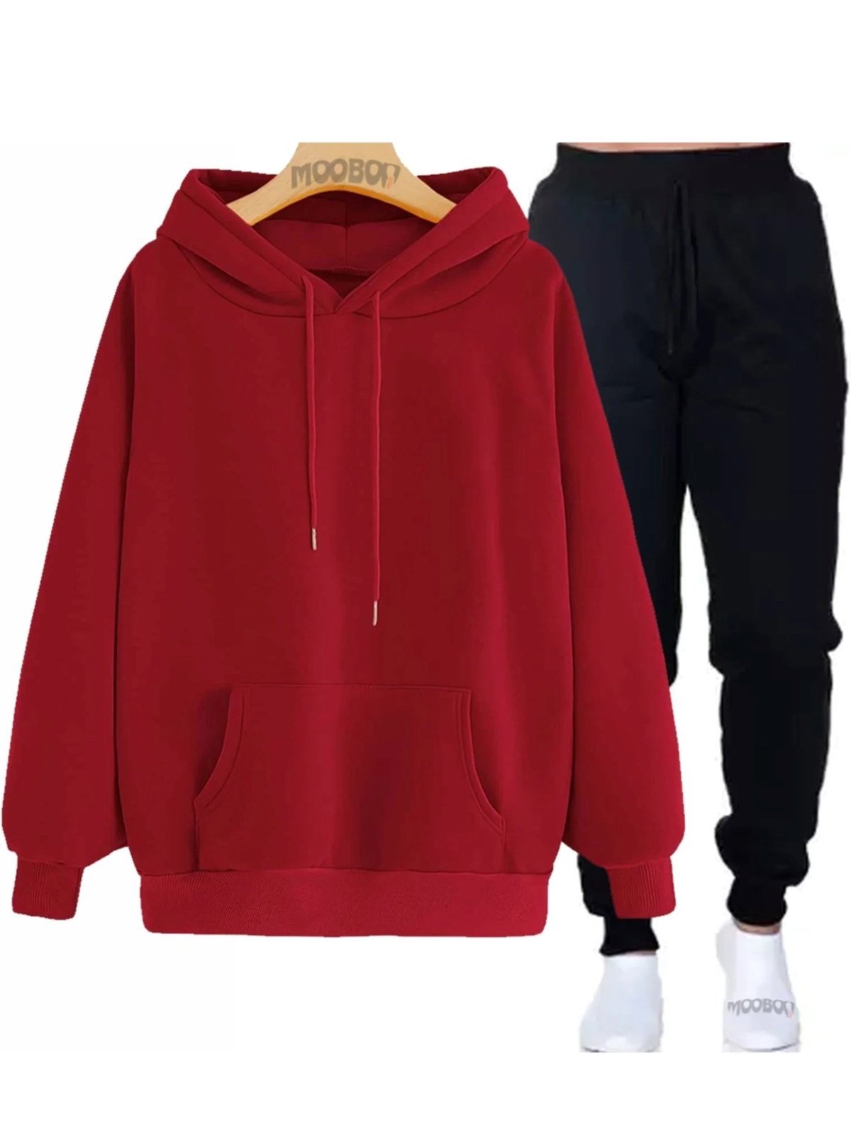 Conjunto Moletom Fechado Liso Calça E blusa Canguro Masculino Mooboo Moleton Masculino Blusa de Frio Lisa Vinho Vermelha escuro Bordo Calça slim preta