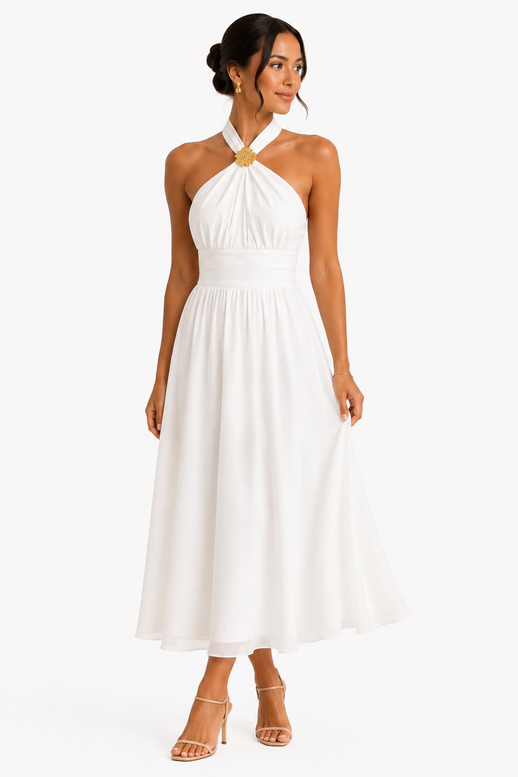 Vestido Midi D Bell Outlet Fashion Decote Halter Branco