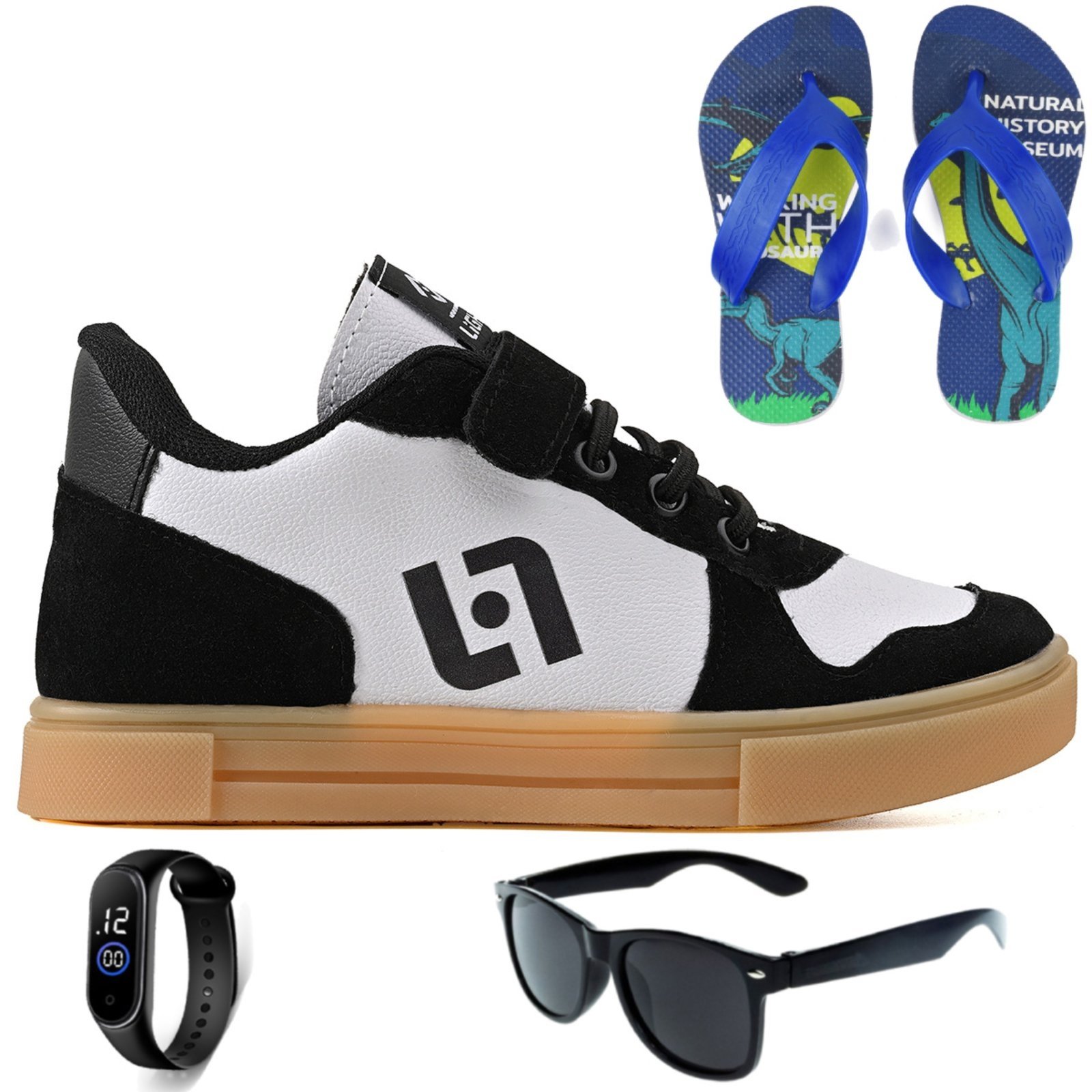 Infantil – Tenis Casual Meninos Street Escolar Confortavel Preto e Branco + Chinelo Oculos e Relogio