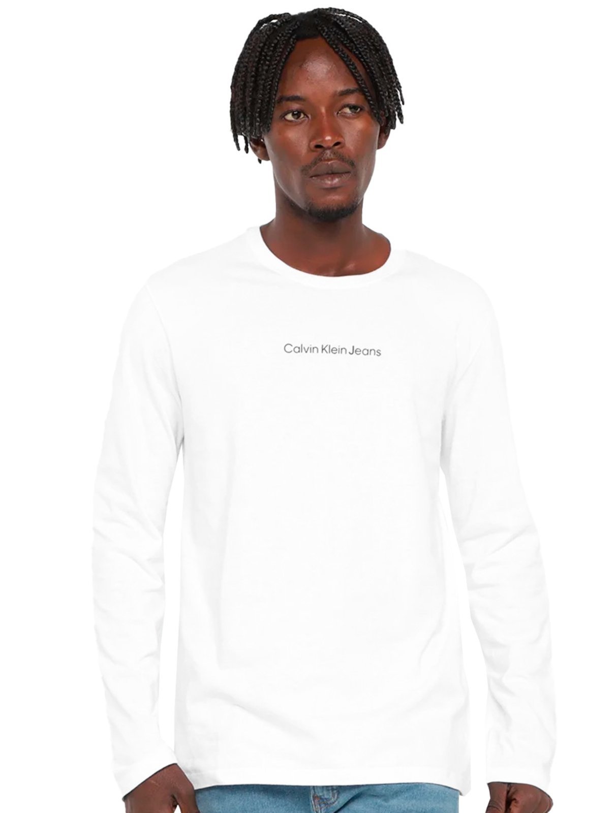 Camiseta Calvin Klein Masculina Manga Longa Institutional New Logo Branca