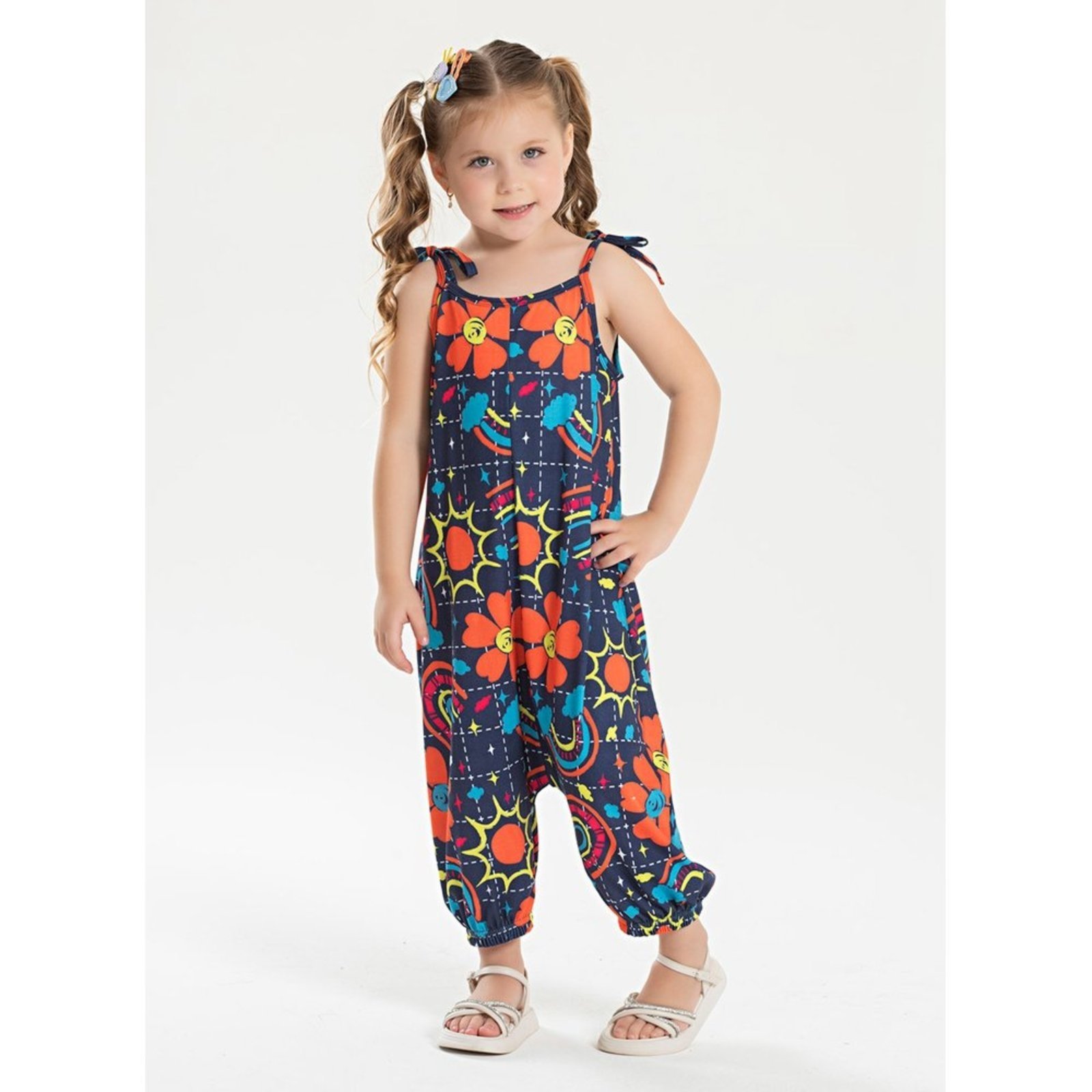 Infantil – Macacão Saruel Verão Menina Marinho Flores e Cores