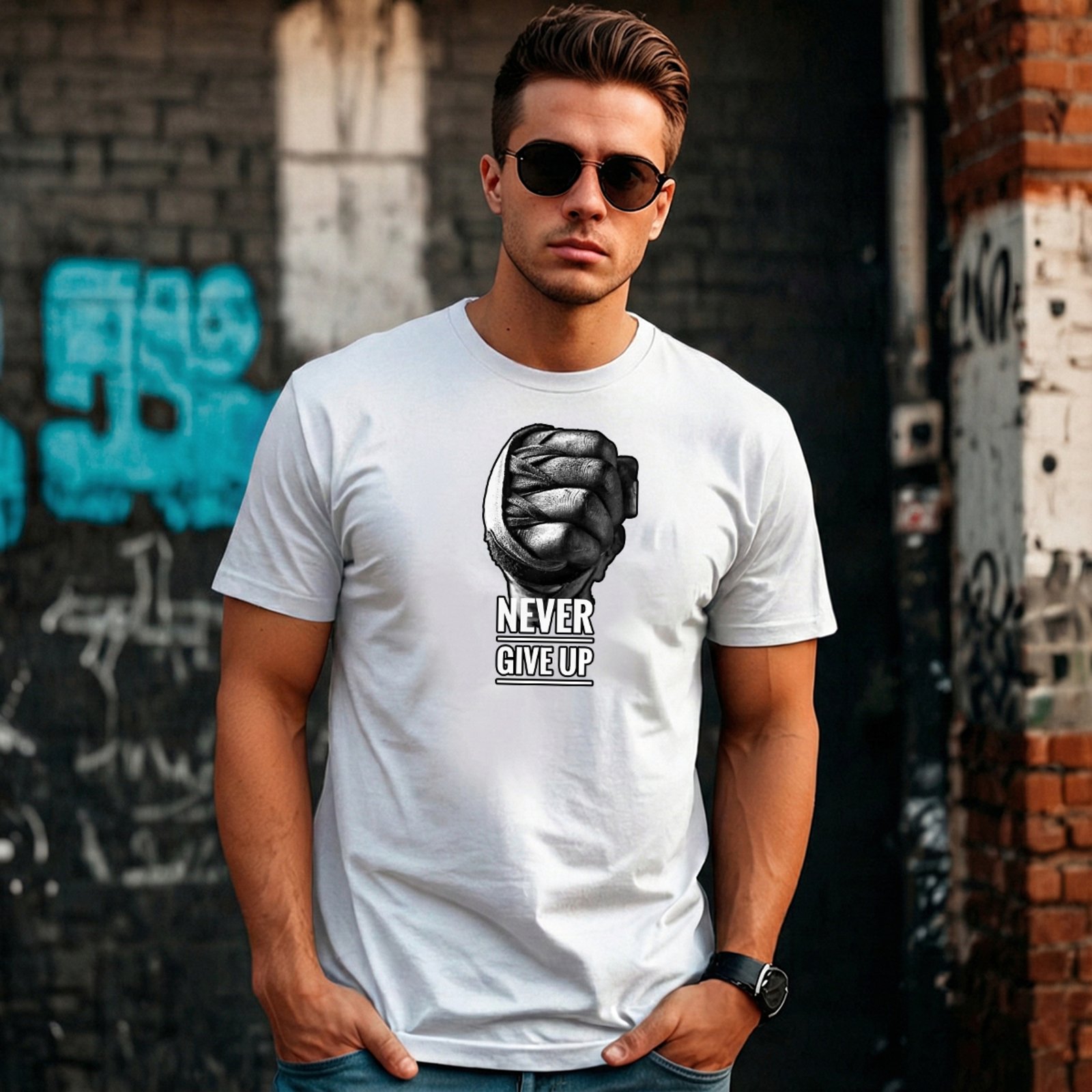 Camiseta Masculina Sartre Algodão Básica Branca Manga Curta Gola Redonda Estilo Versátil Conforto Macia Estampa Never Give Up