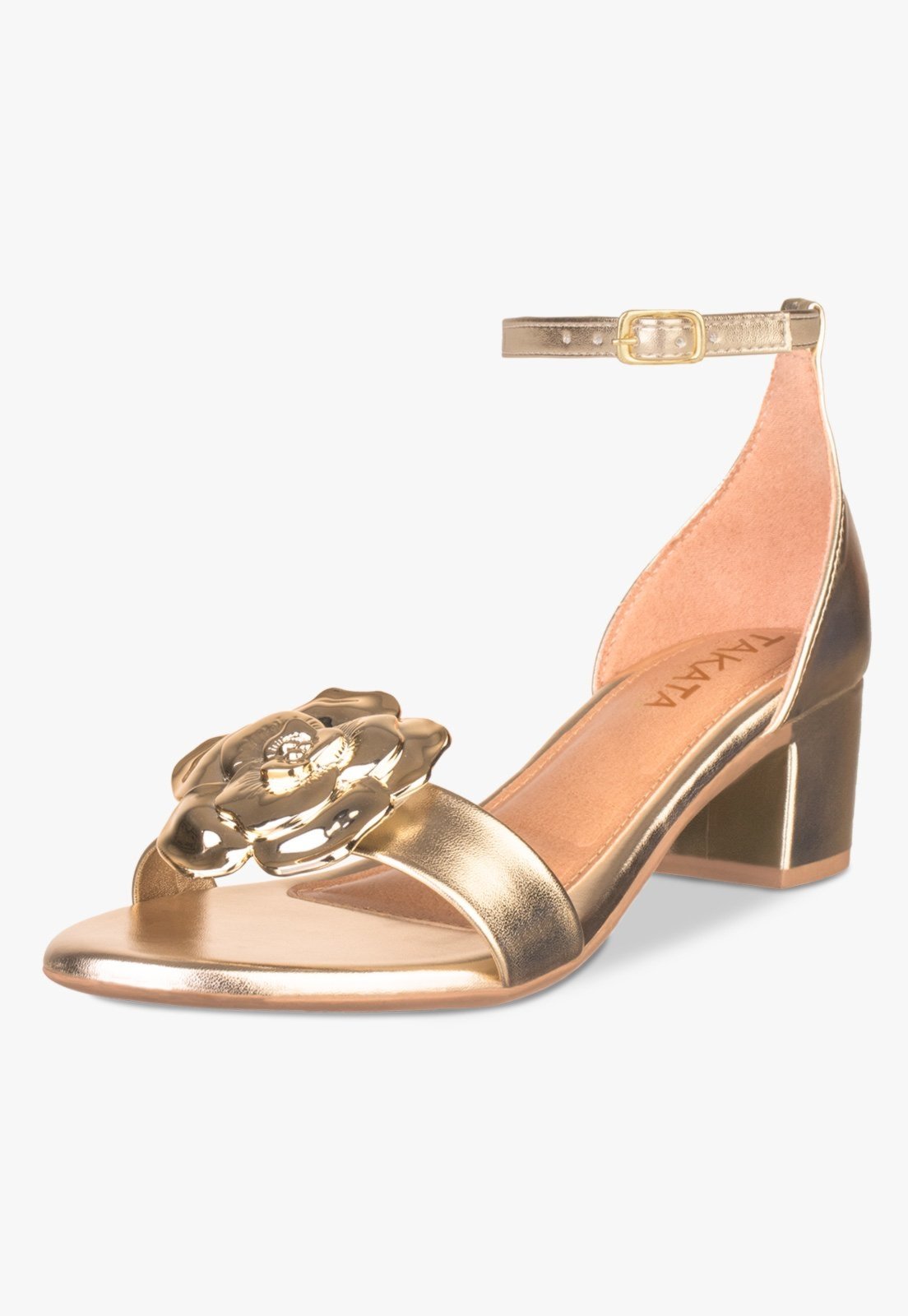 Sandália Feminina Salto Bloco Grosso Baixo Takata Flor Luxo Metalizada Festa Dourado