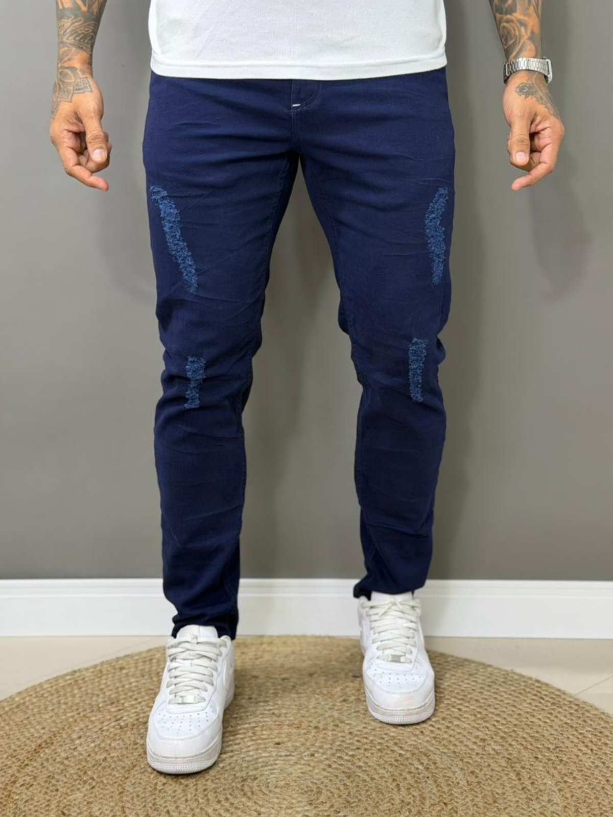 Calça Sarja Masculina Skinny Destroyed Azul Marinho Stretch Conforto Casual