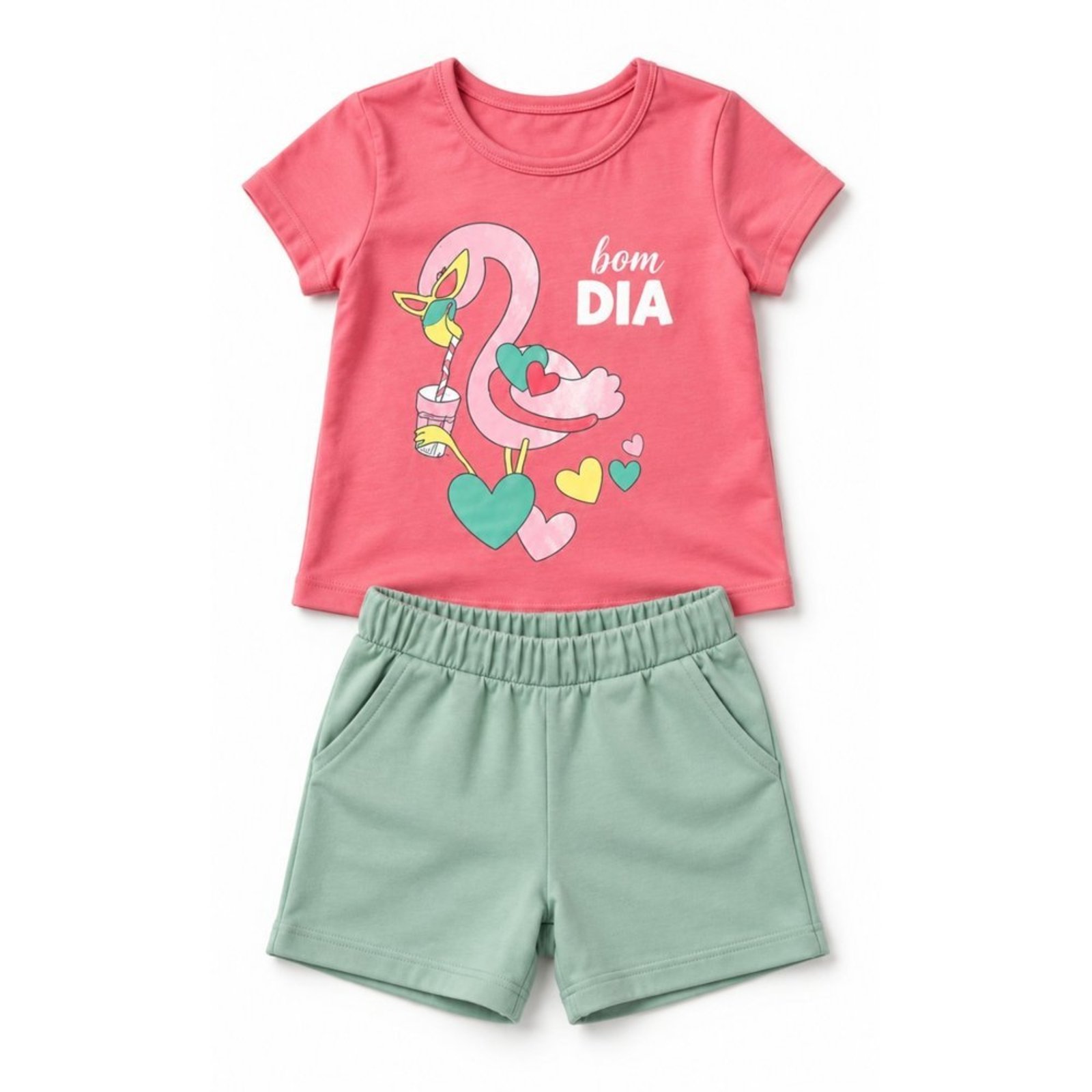 Infantil - Conjunto Menina Blusa Meia Malha Penteada Bermuda Moletinho