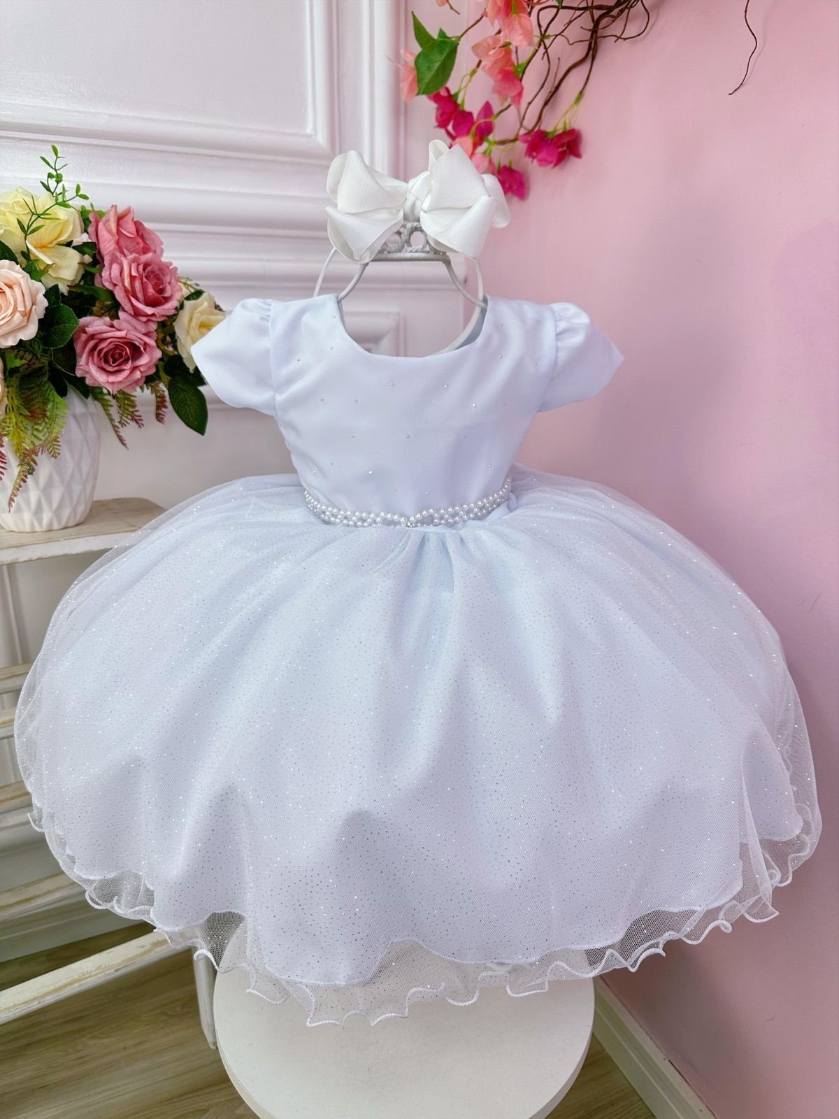 Infantil - Vestido Festa Branco Brilho Pérolas Batizado Formatura Casamento Dama Daminha Florista Princesa Social Rodado Aniversário Luxo Menina Juvenil