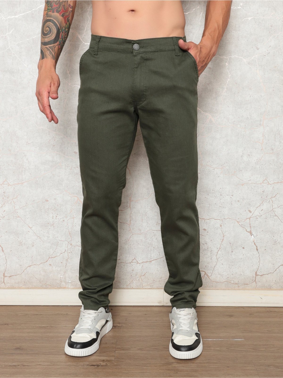 Calça Sarja Masculina Alpha Streer Wear Basica e Confortavel Verde Militar