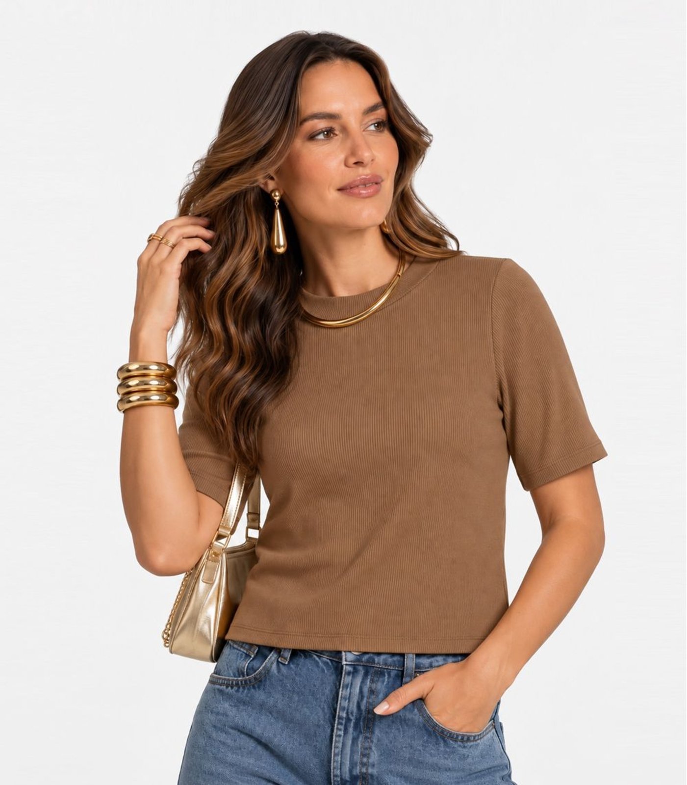 Blusa Feminina Ribana Gola Em Molde Infinita Cor Marrom