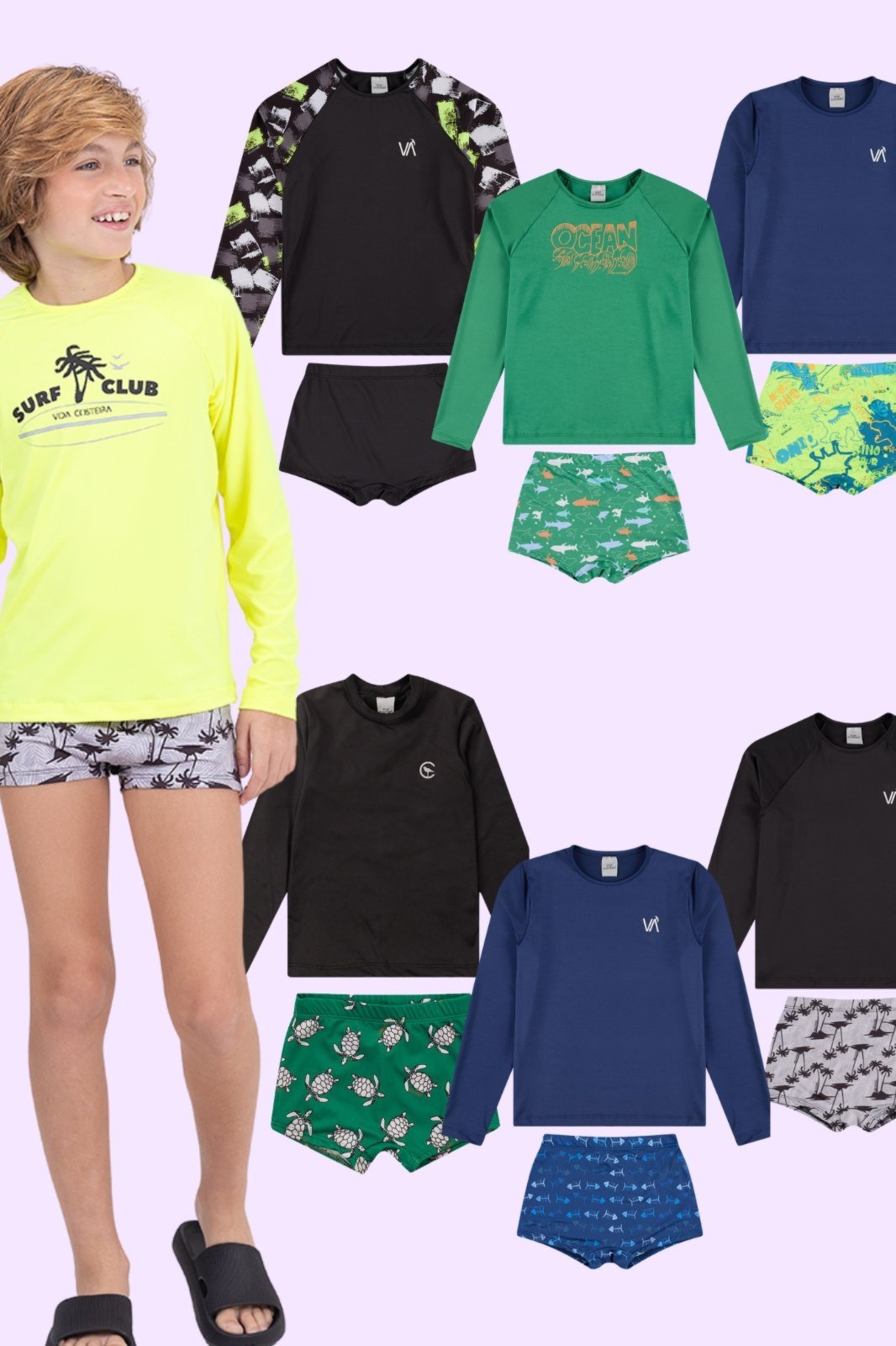 Kit Sortido 4 Peças de Roupas Infantis Menino Moda Praia- 2 Camisas + 2 Sungas