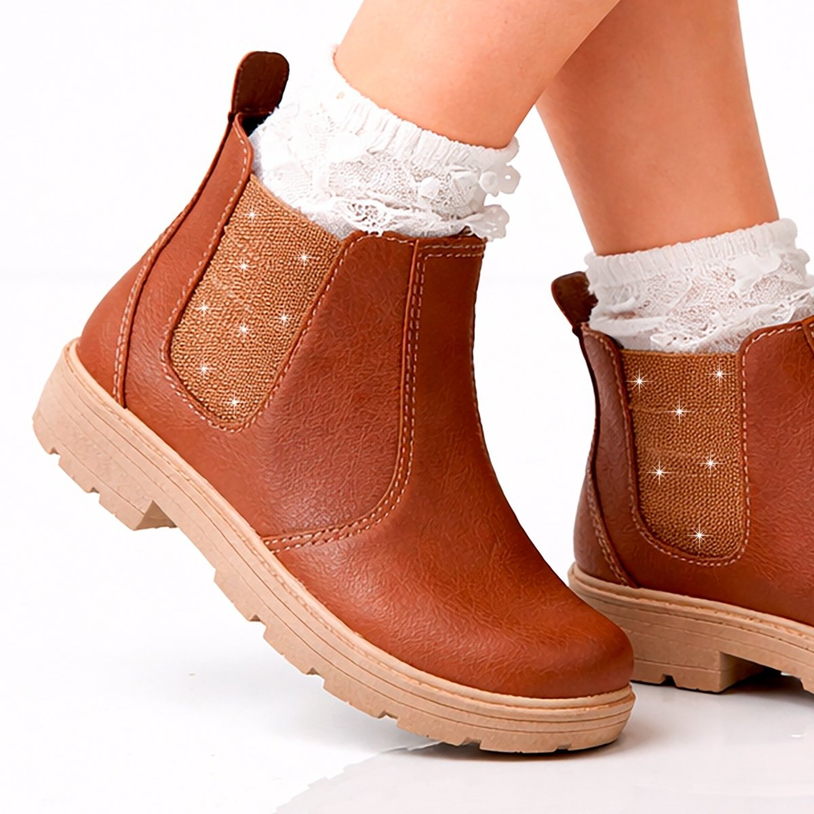 Infantil - Kit Bota Menina e Meia Cano Curto de Renda Marrom Glitter Pepite