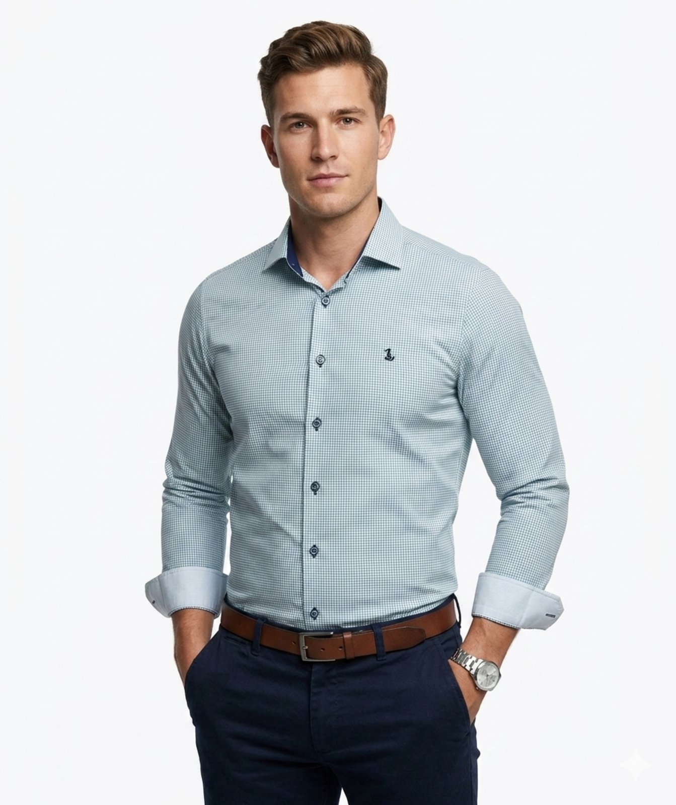 Camisa Social Amil Slim Stay Algodão/Poliéster Micro Estampa Manga Longa Fácil de Passar Bco/Marinho