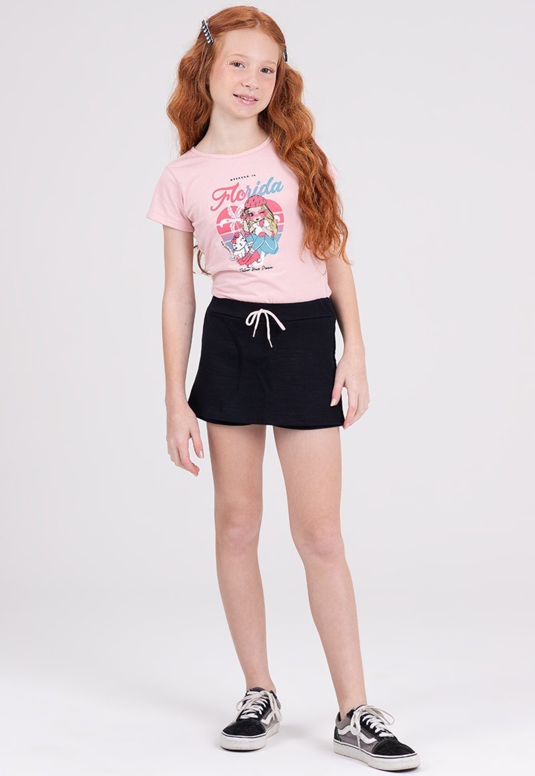 Infantil - Conjunto Shorts Saia Florida Rosa Claro