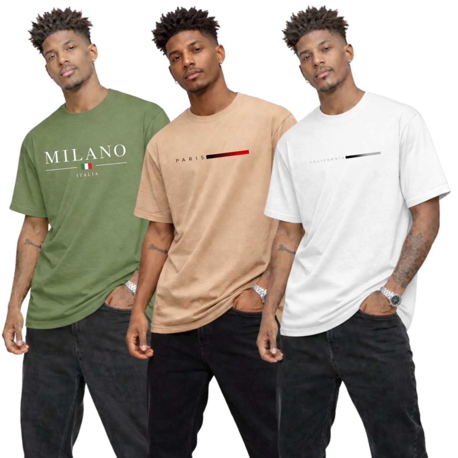 Kit 3 Camisa Masculina Camiseta Gola Redonda Algodão Cidades