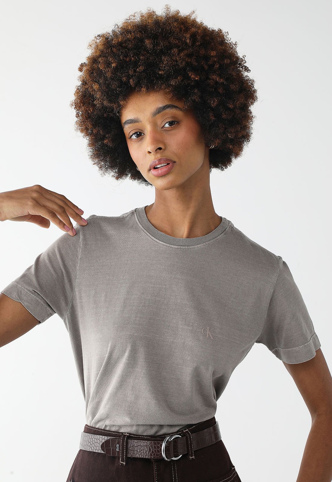 Camiseta Cropped Calvin Klein Jeans Reta Logo Cinza