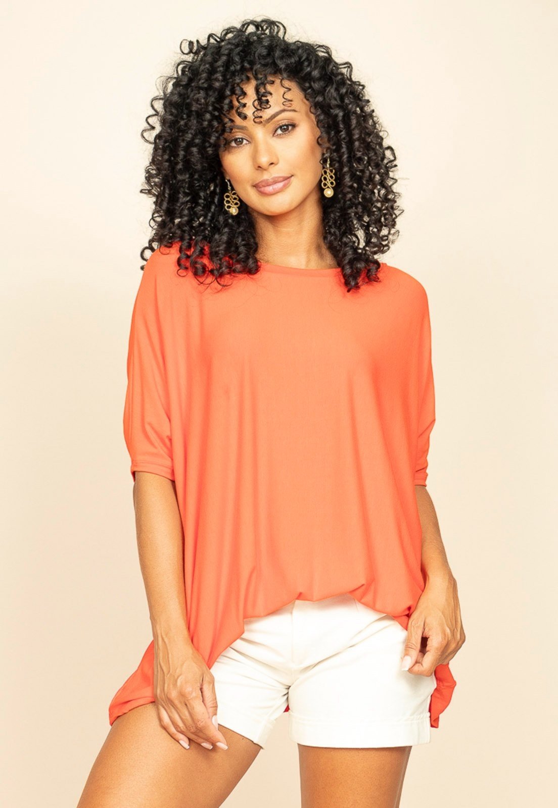 Blusa Ampla Malha Amazonia Vital Morcego Manga Curta Laranja